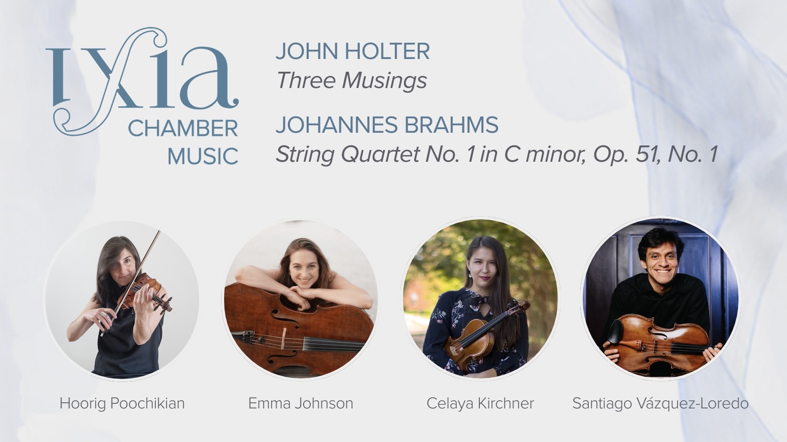 Concert poster for Beyond Words: Inner Worlds, featuring compositions by John Holter (Three Musings) and Johannes Brahms (String Quartet No. 1 in C minor), performed by Hoorig Poochikian, Emma Johnson, Celaya Kirchner, and Santiago Vázquez-Loredo.