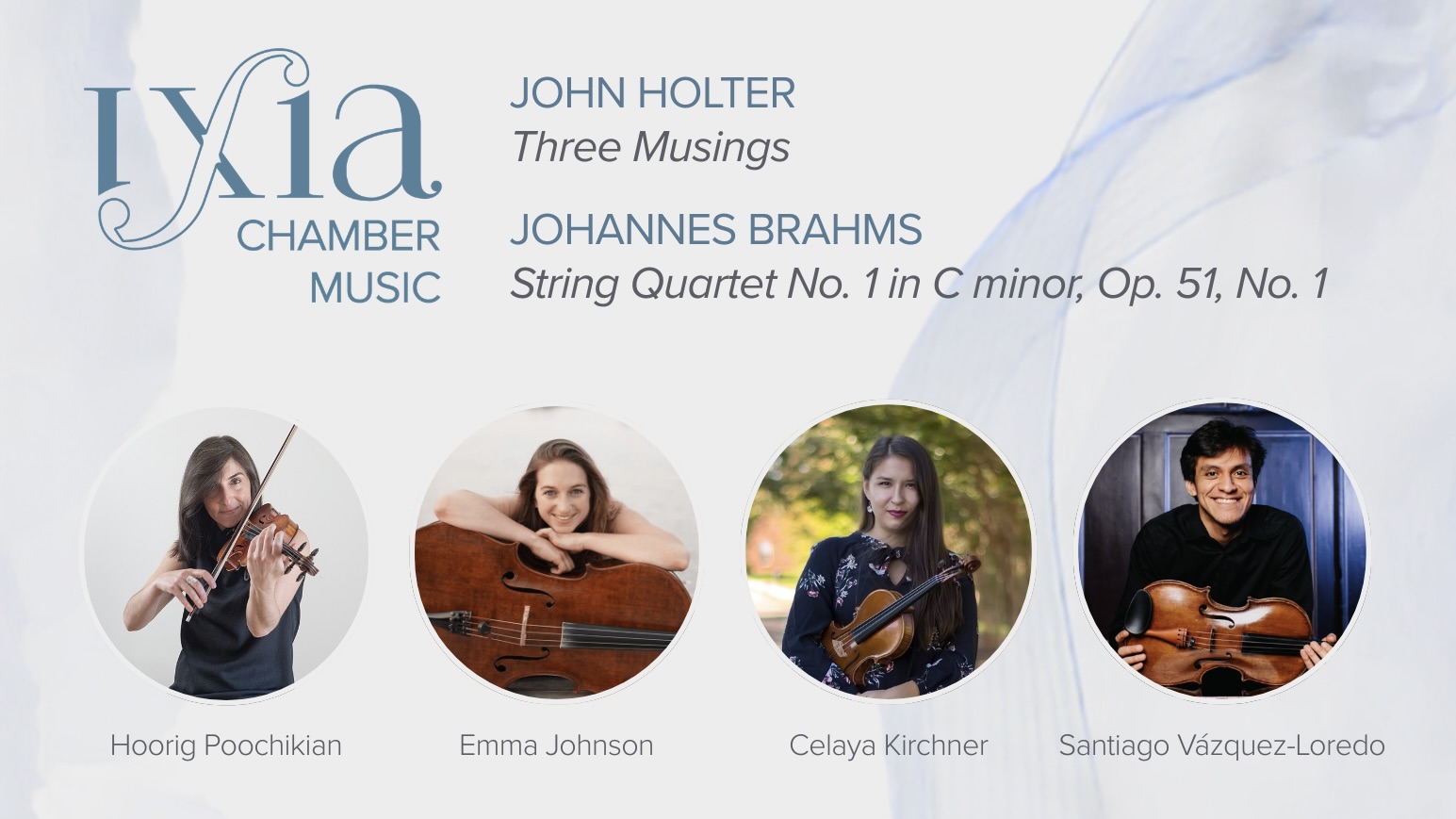 Concert poster for Beyond Words: Inner Worlds, featuring compositions by John Holter (Three Musings) and Johannes Brahms (String Quartet No. 1 in C minor), performed by Hoorig Poochikian, Emma Johnson, Celaya Kirchner, and Santiago Vázquez-Loredo.