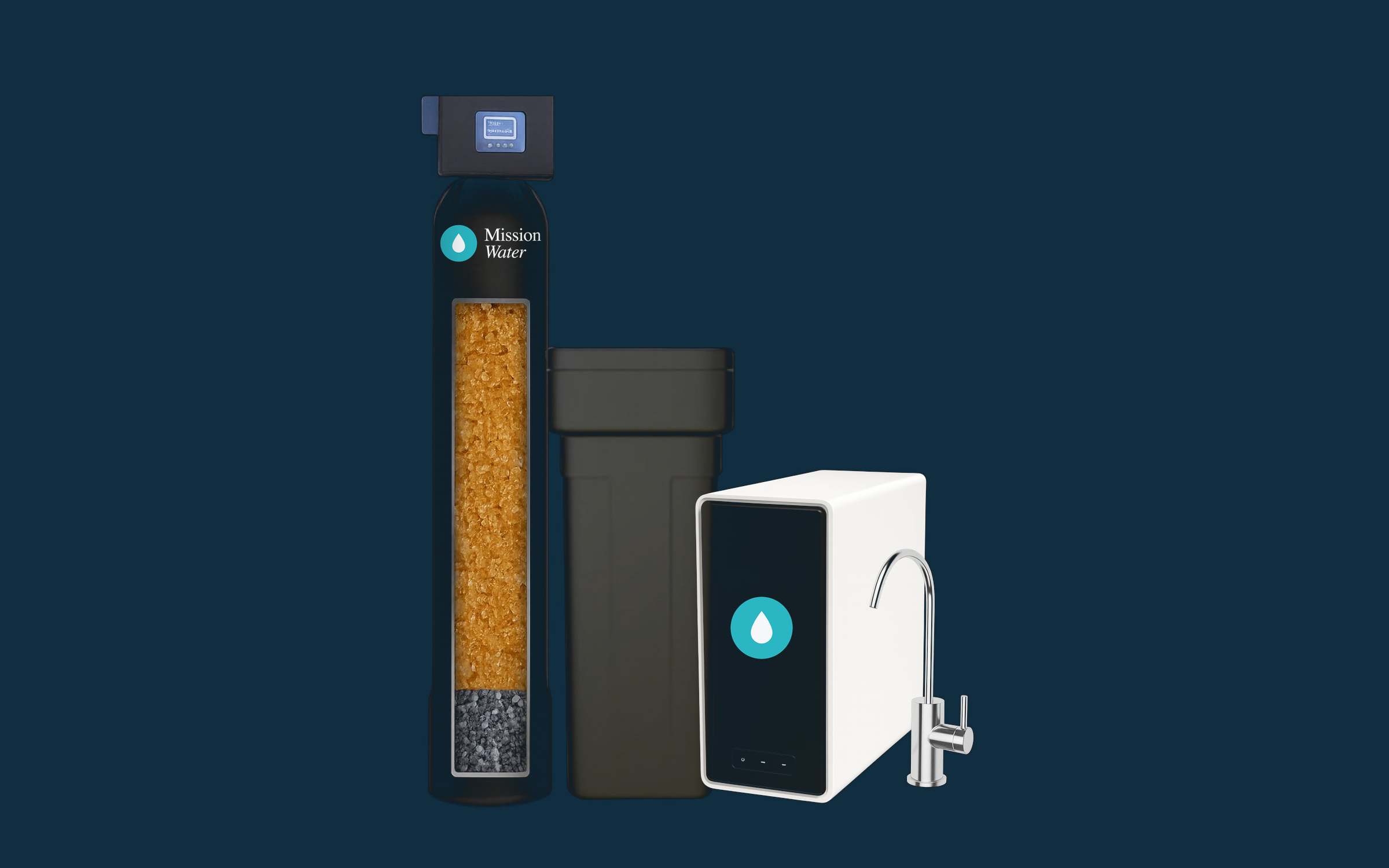The complete Mission Water system: softener, carbon filtration, and tankless reverse osmosis