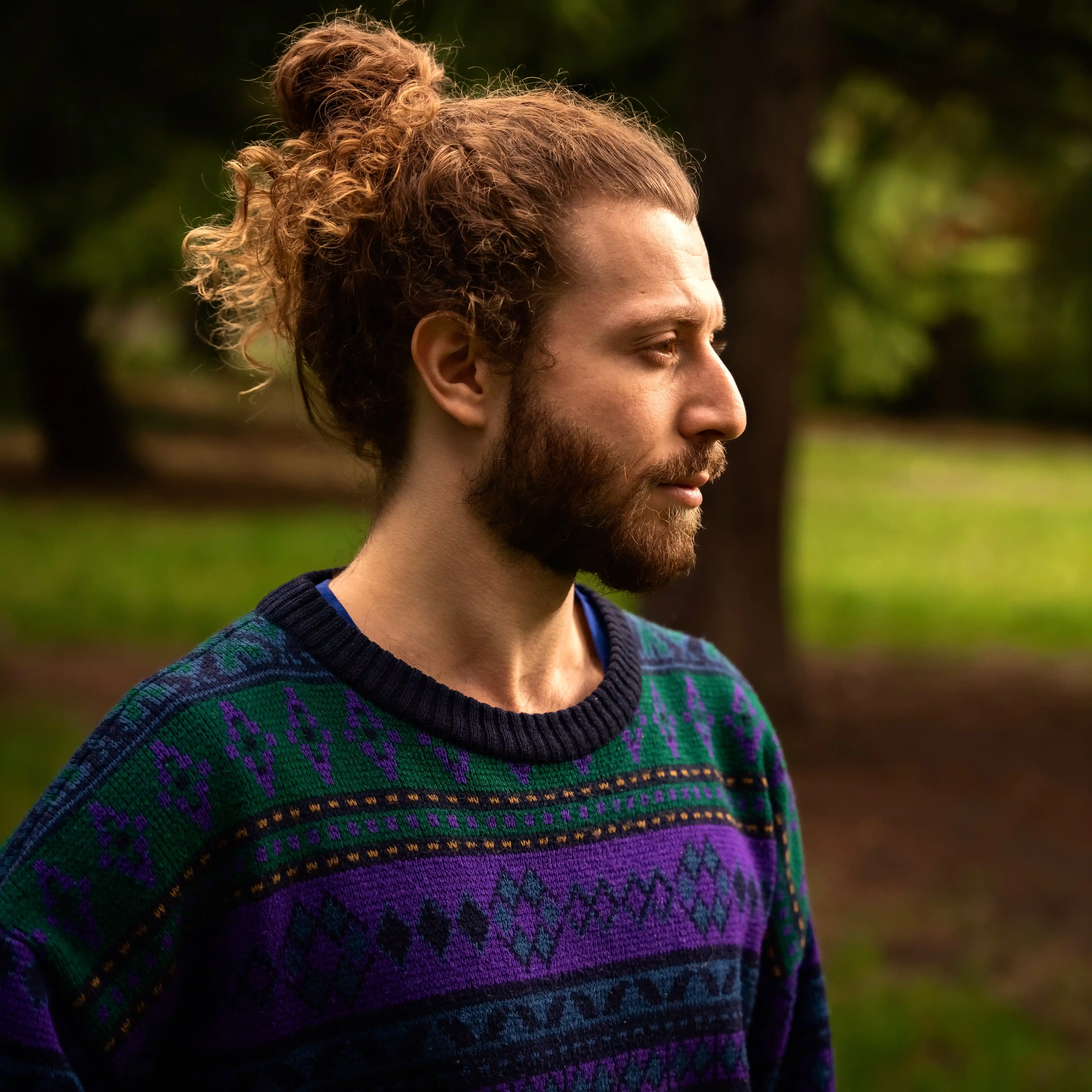 Homme avec cheveux bouclés attachés et barbe, en pull coloré, regardant vers la droite en extérieur.
