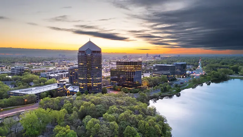 Aerial sunset view of Bloomington, Minnesota — mobile car detailing service area for High Shine Detailing, minutes from Shakopee