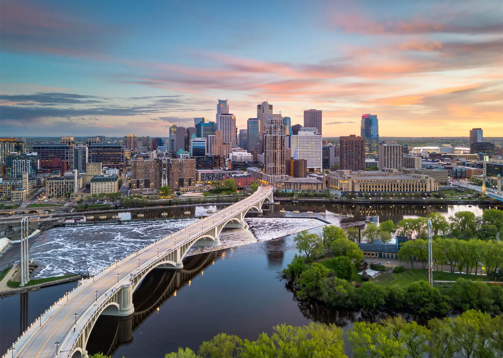 Aerial view of Minneapolis, Minnesota — mobile car detailing service area for High Shine Detailing, minutes from Shakopee