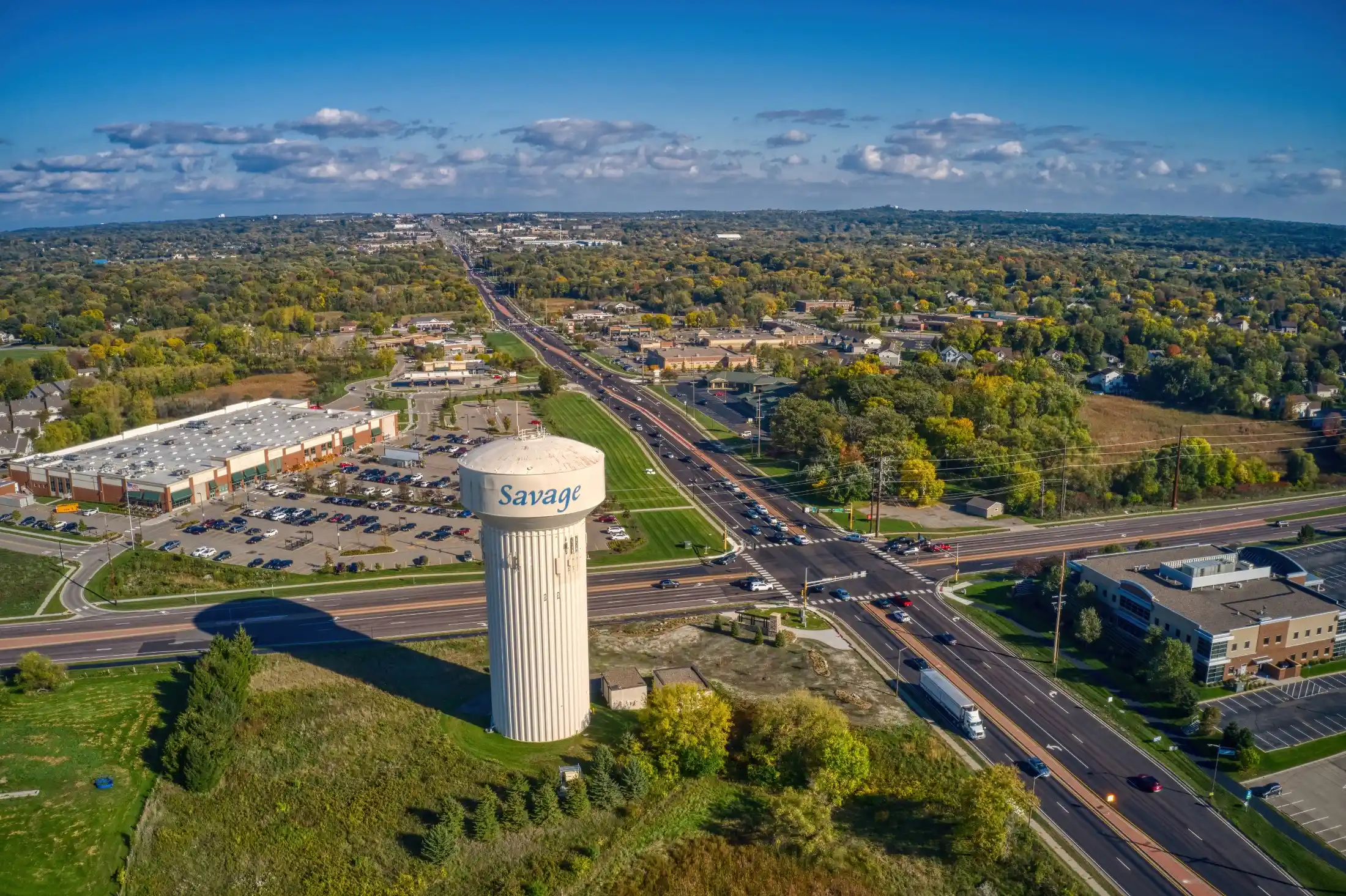 Aerial view of Savage, Minnesota — mobile car detailing service area for High Shine Detailing, minutes from Shakopee