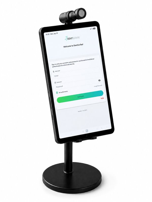 DentScribe tablet on stand with microphone showing login screen