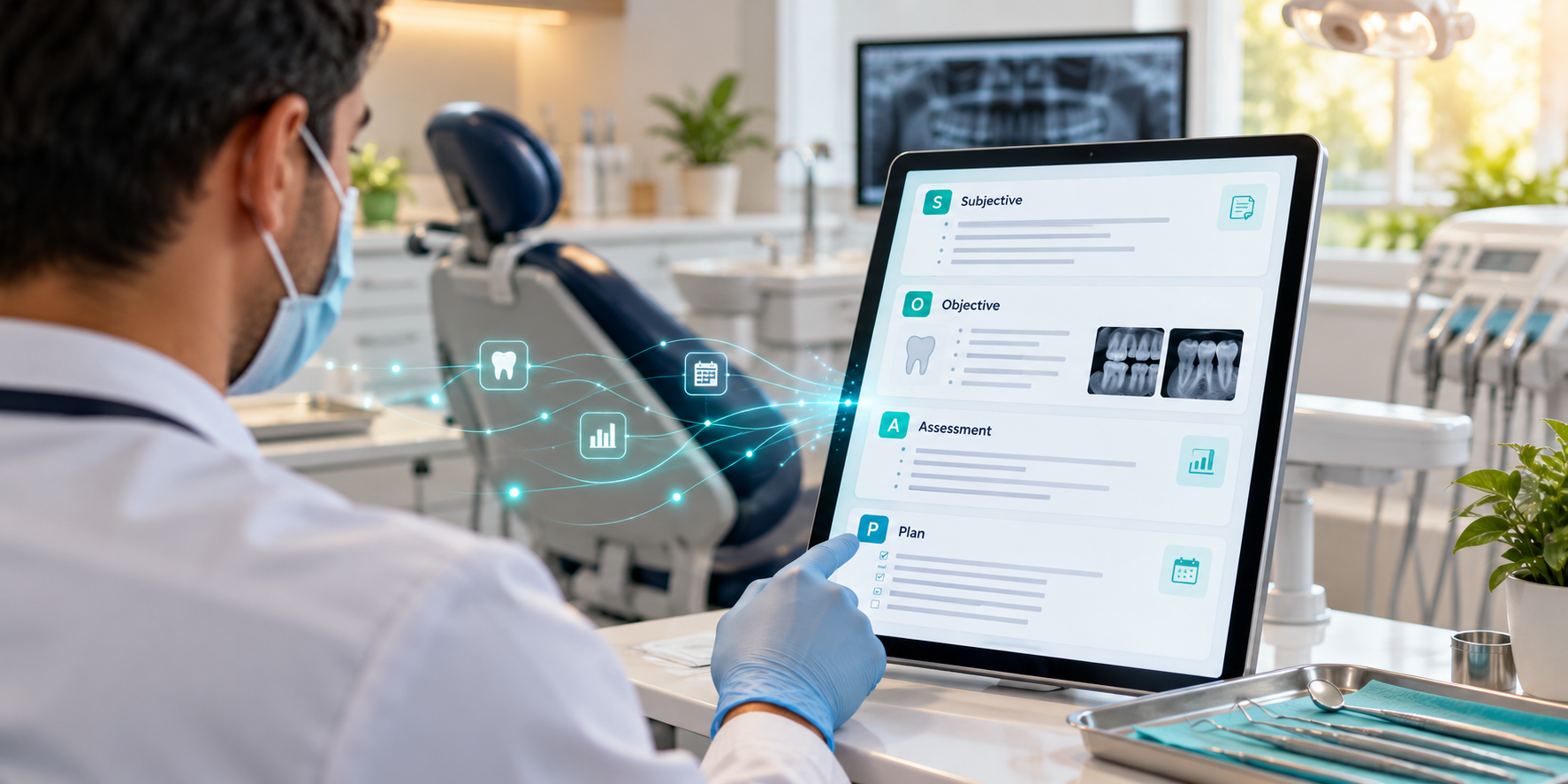 Dentist reviewing AI-generated SOAP notes on a tablet in a modern dental operatory