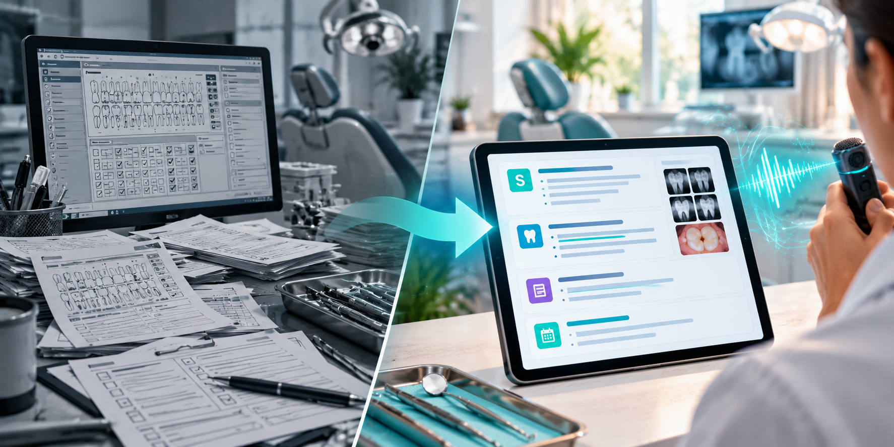 Split view comparing cluttered paper dental charting templates with a clean AI-powered SOAP note on a tablet using voice narration