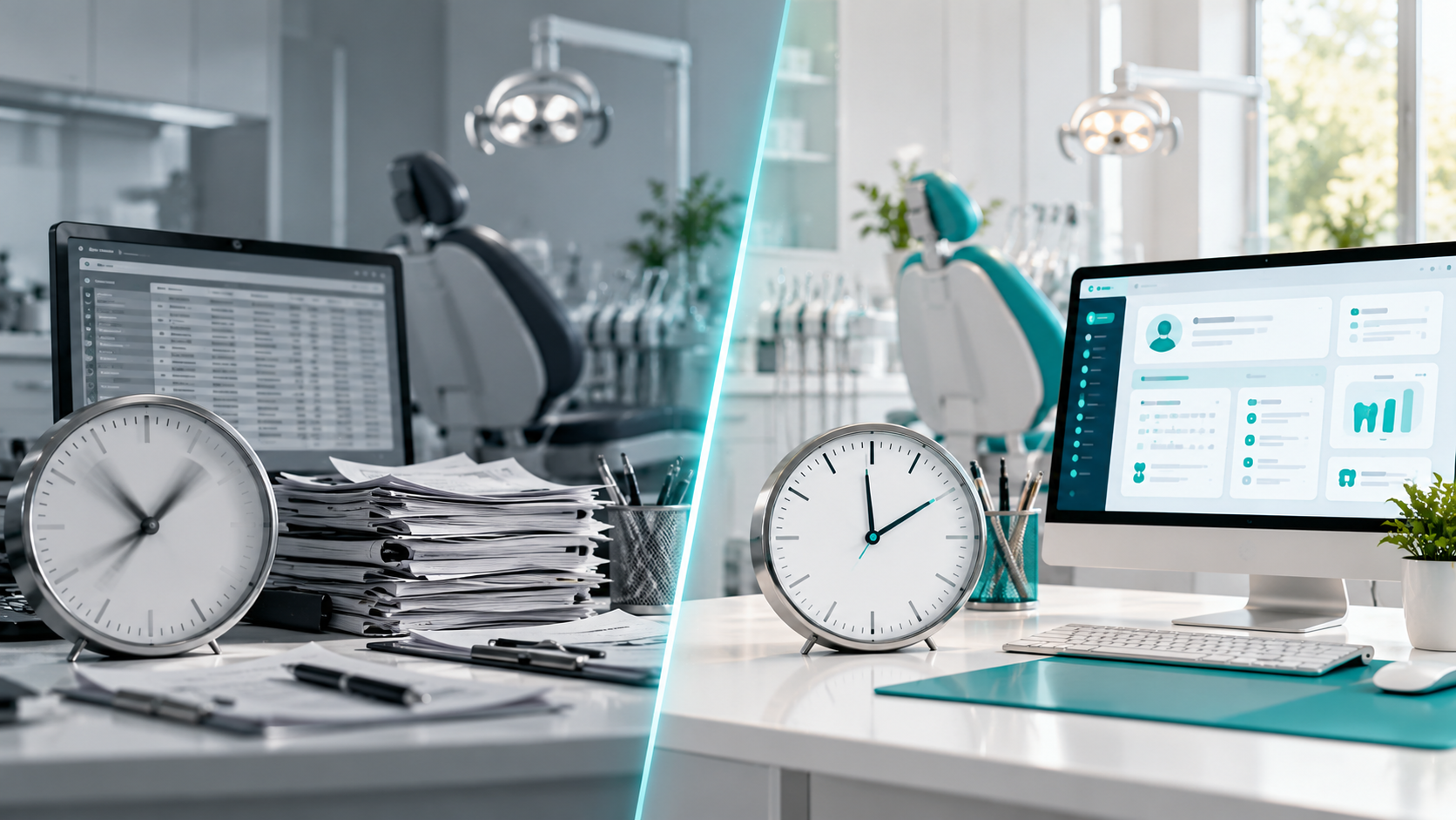 Before and after comparison of a dental office workflow - cluttered desk with paperwork versus organized workspace with AI-powered dashboard
