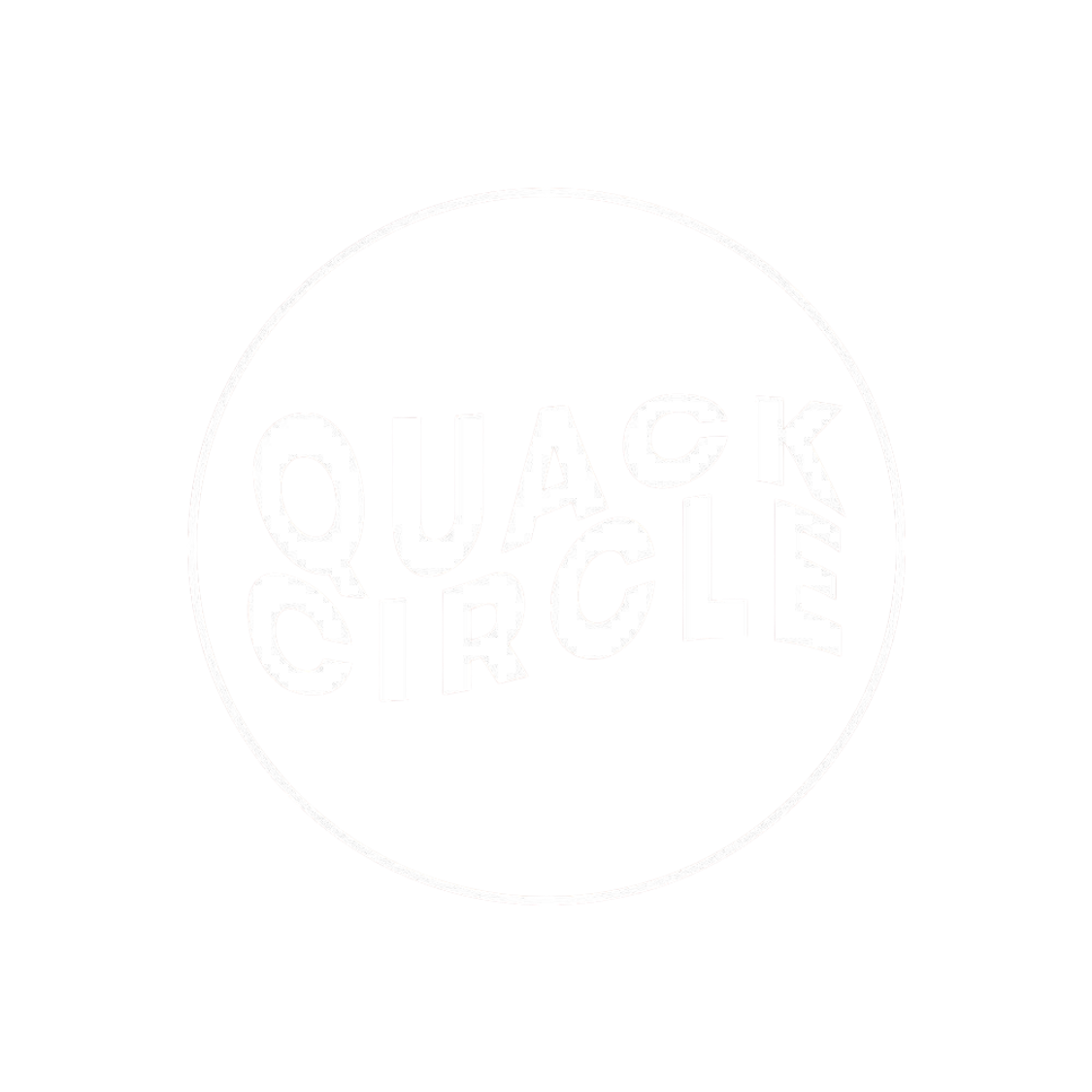White text QUACK CIRCLE curved inside a white circle on a black background.