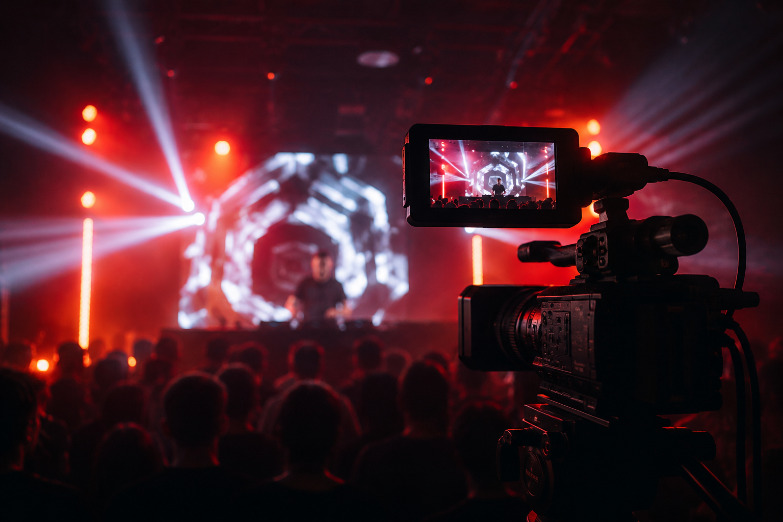 Professional video camera filming a crowded concert with bright red and white stage lights.