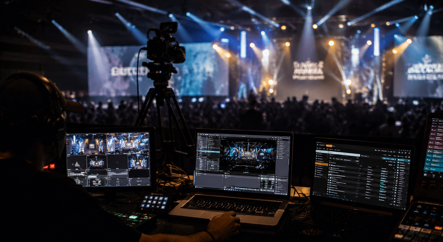Technician operates video and audio equipment at a live event with large crowd and stage lighting.