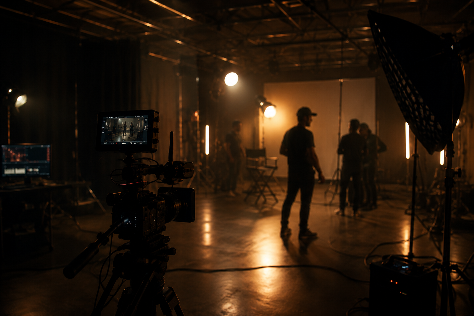 Film crew setting up cameras and lights on a dimly lit movie set with crew members discussing.