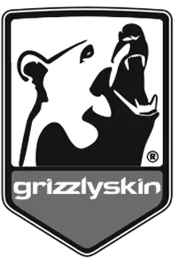 Schwarz-weißes Logo eines brüllenden Grizzlybären mit dem Schriftzug grizzlys kin.