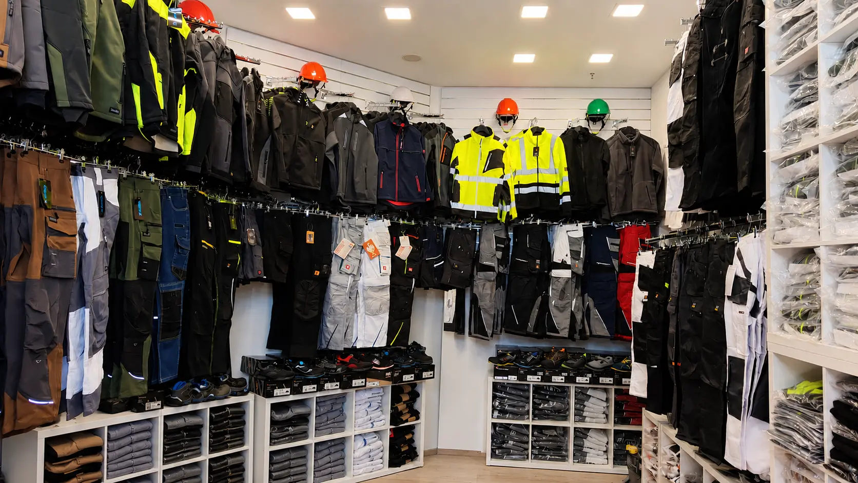 Innenansicht eines Geschäfts mit Arbeitskleidung, Arbeitshosen, Jacken, Schuhen und Schutzhelmen.