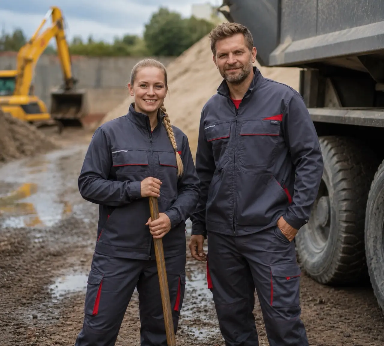 Zwei Bauarbeiter in Arbeitskleidung stehen auf einer Baustelle neben Bagger und LKW.