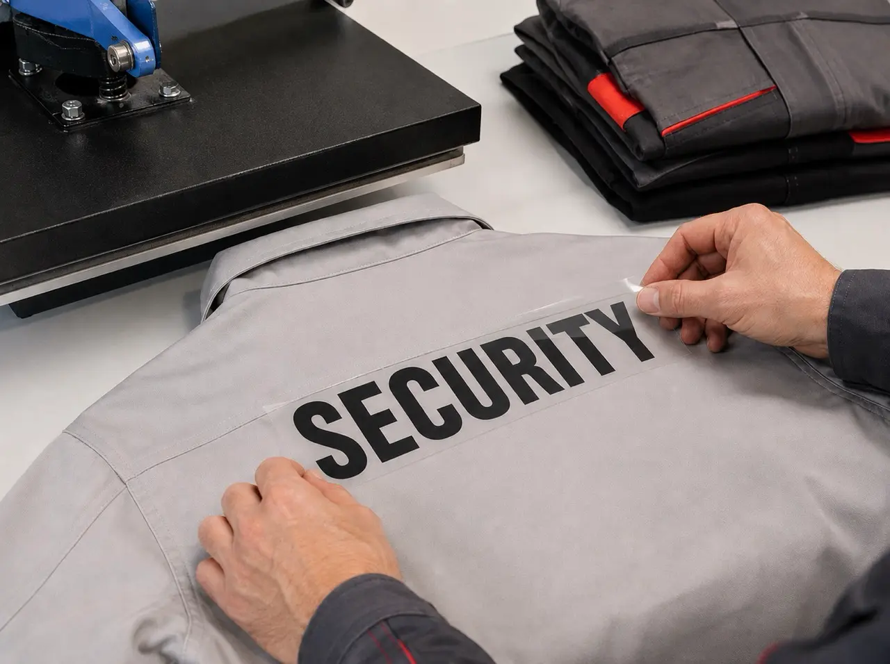 Hände kleben Aufkleber mit dem Wort 'SECURITY' auf ein graues Hemd für Sicherheitspersonal.