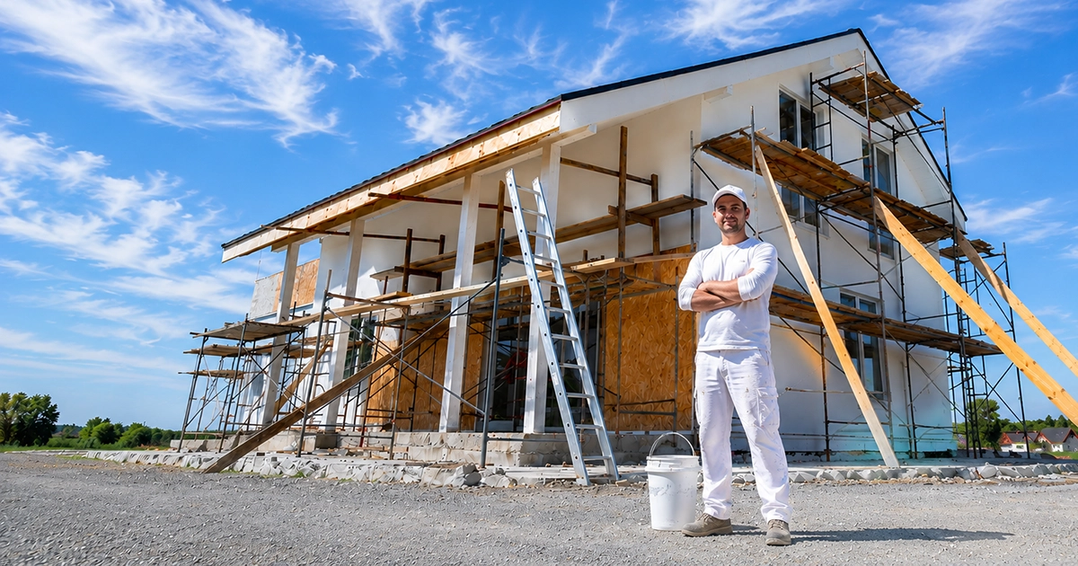 Painter in white clothes standing with arms crossed in front of a house under construction with scaffolding.