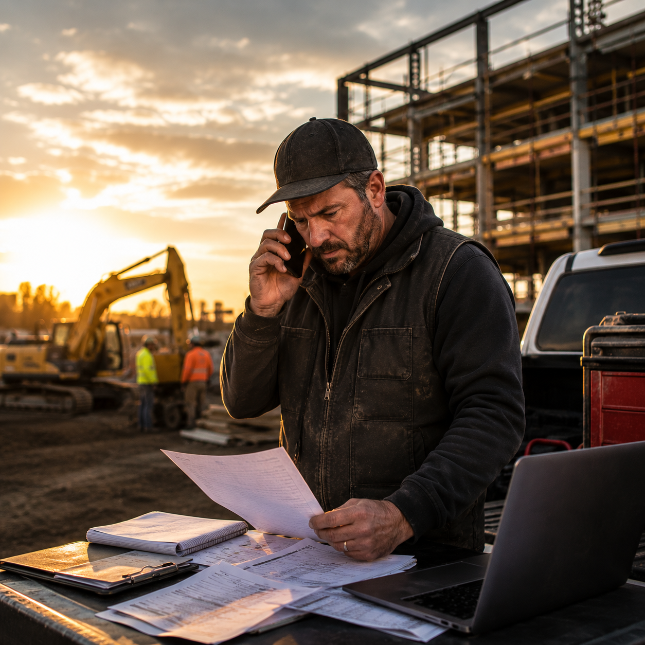 Construction worker reviews papers and talks on phone at site with excavator and building frame.