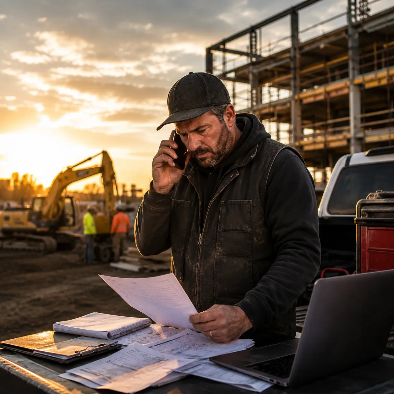Construction worker reviews papers and talks on phone at site with excavator and building frame.