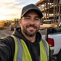 Smiling man in a high-visibility vest and cap at a construction site during sunset.
