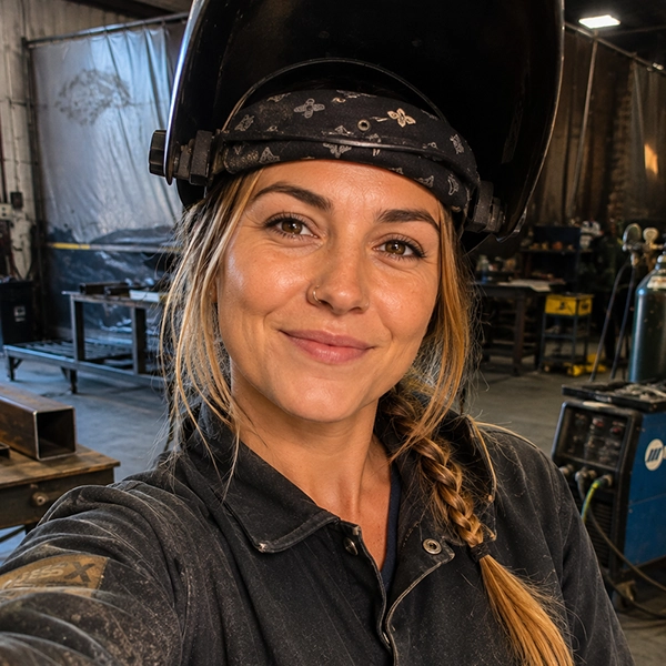 Smiling woman in workwear and welding mask taking a selfie in an industrial workshop.
