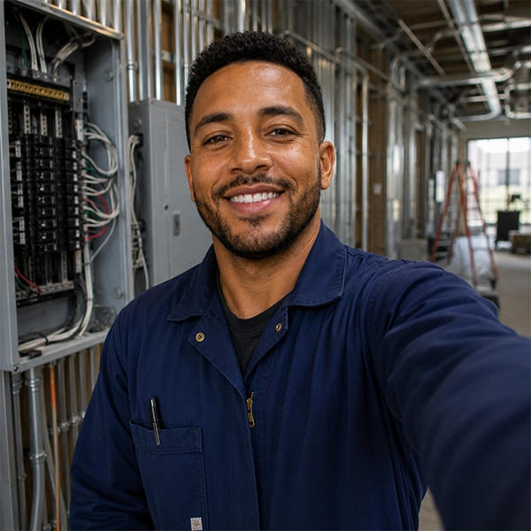Smiling electrician in blue coveralls taking a selfie inside an industrial electrical room.