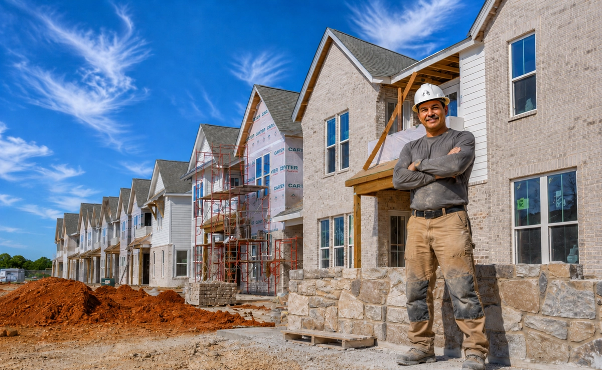 Construction worker with helmet standing in front of houses under construction on a sunny day.