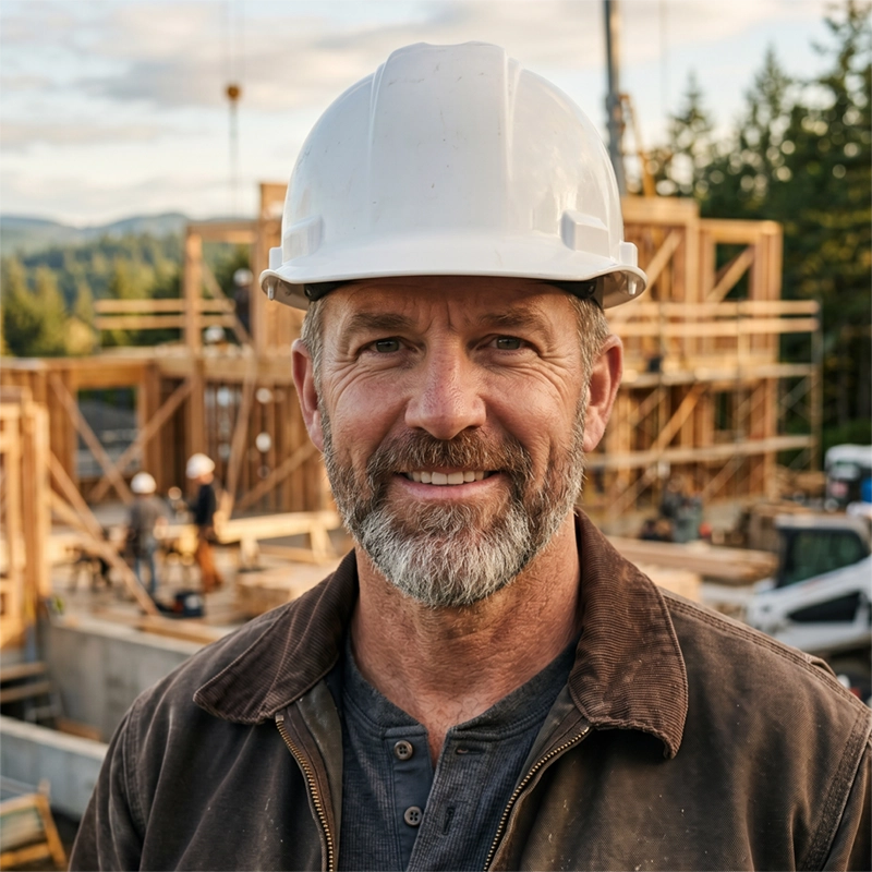 Smiling middle-aged male construction worker with gray beard wearing a white hard hat and brown jacket on a wooden building site with workers and trees in the background.