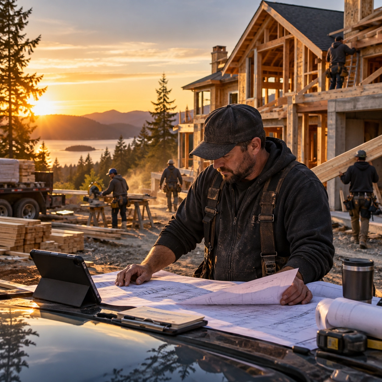 Construction worker in a black hoodie and cap studies blueprints on a car hood at a building site during sunset, with other workers and a wooden house frame in the background near a forested lake.