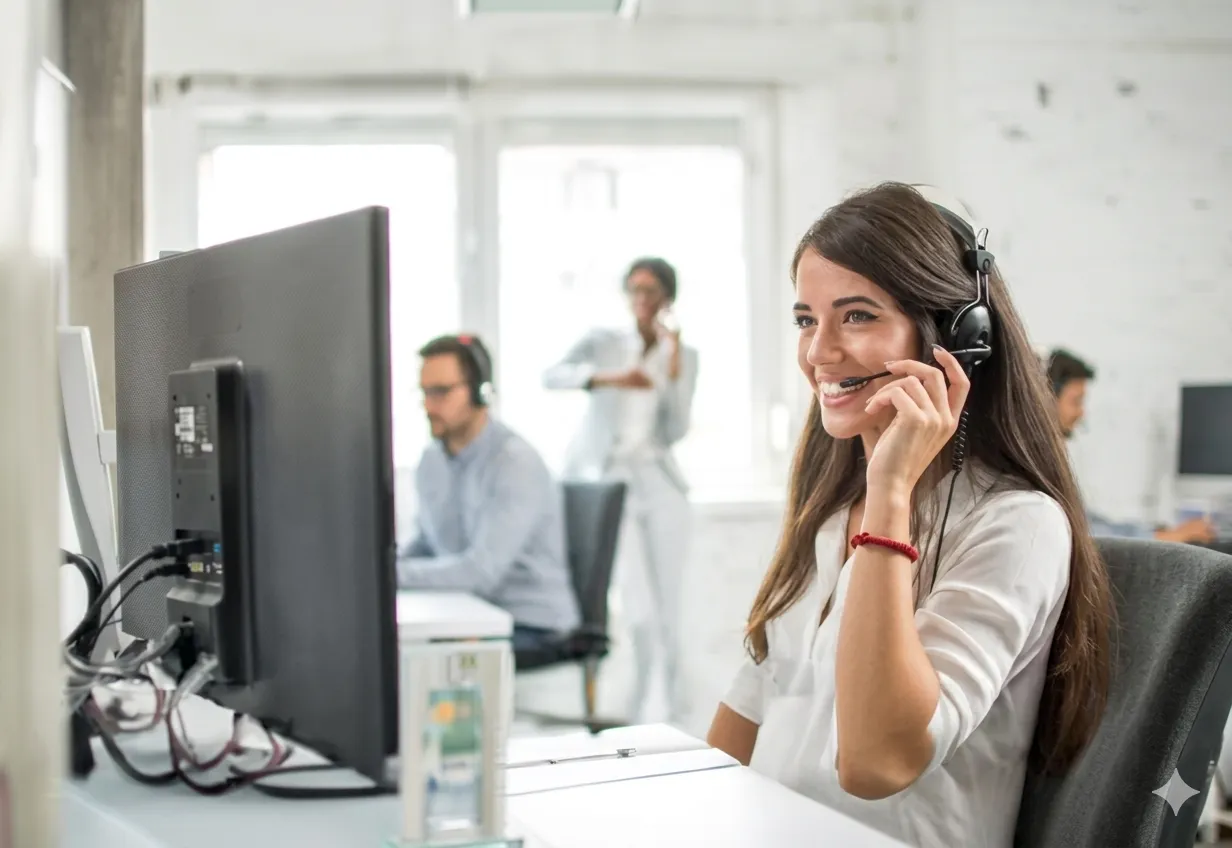 Smiling female customer service representative wearing a headset and working at a computer.