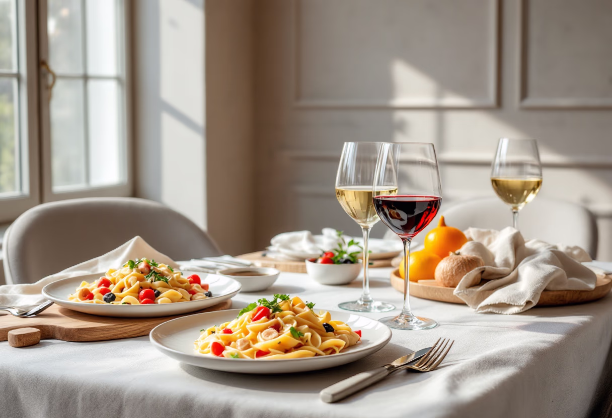 Pasta and glasses of red and white wine on a sunlit table set for two