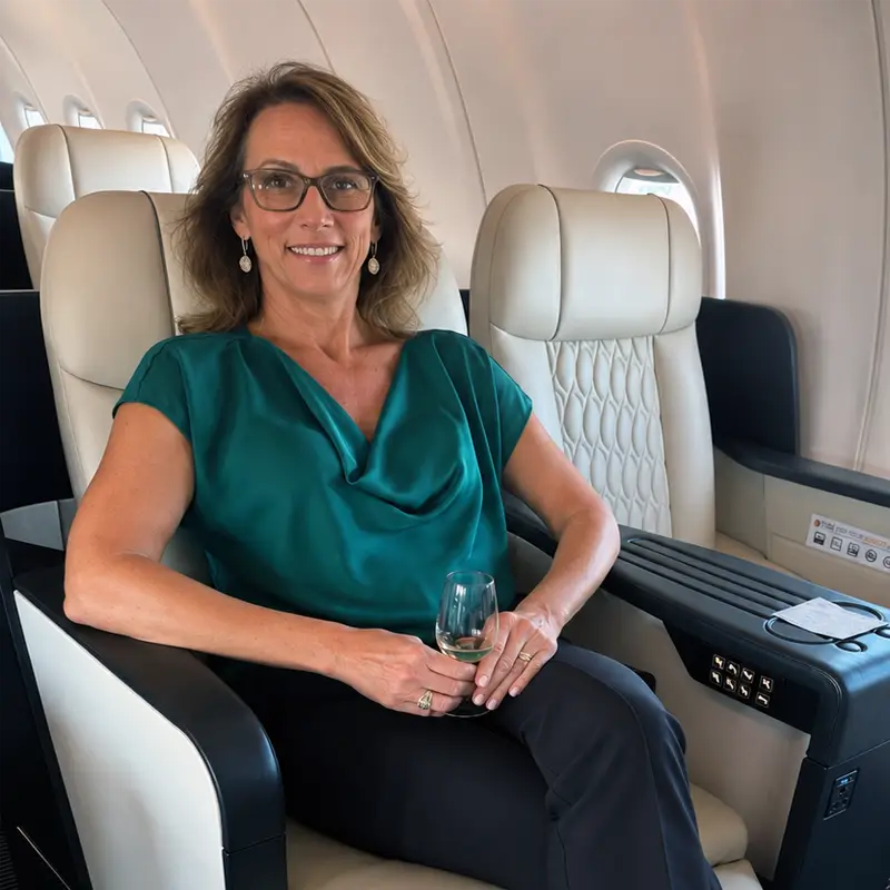 Tina Klump, founder of Veritas Journeys, seated aboard a private jet