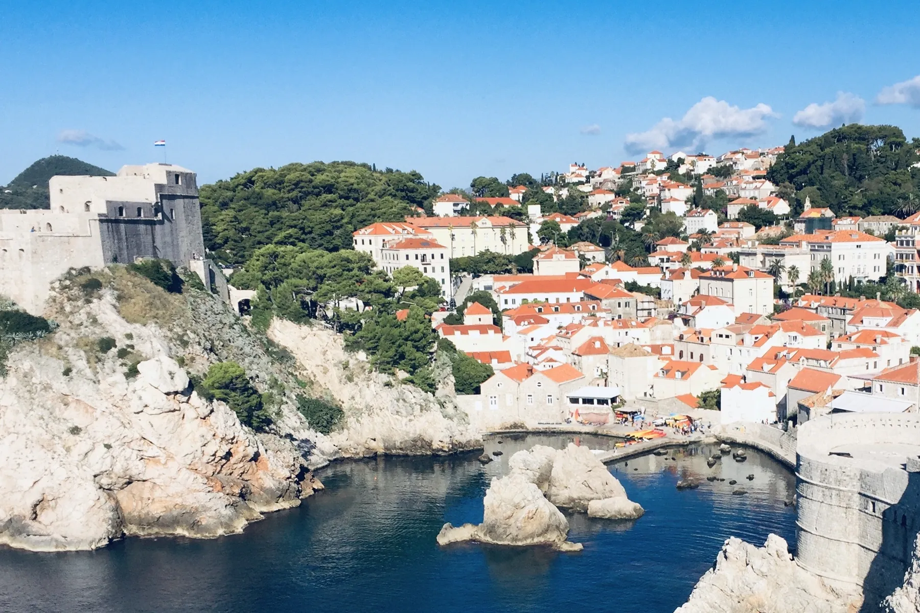 Aerial view of Dubrovnik's walled old town and harbor on the Adriatic
