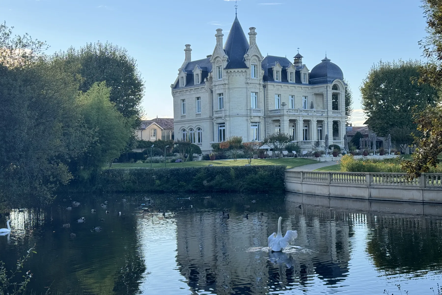 Chateau Grand Barrail reflected in still water with swans, Saint-Emilion, France