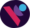 Abstract geometric logo with a red angled shape, two overlapping purple petal-like shapes, and a blue circle on a dark circular background.