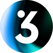 Stylized white number 3 with a dot above the upper curve on a blue and black circular gradient background.