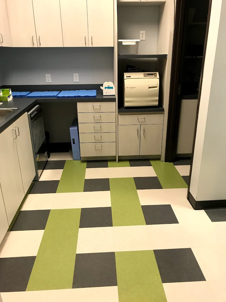 Comfydent Smiles dental sterilization room in Bee Cave, TX, with white cabinetry, an autoclave sterilizer, instrument drawers, and a green and gray tile floor.Comfydent Smiles dental sterilization room in Bee Cave, TX, with white cabinetry, an autoclave sterilizer, instrument drawers, and a green and gray tile floor.