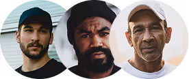 Portraits of three men with different ethnic backgrounds wearing casual clothes and hats.