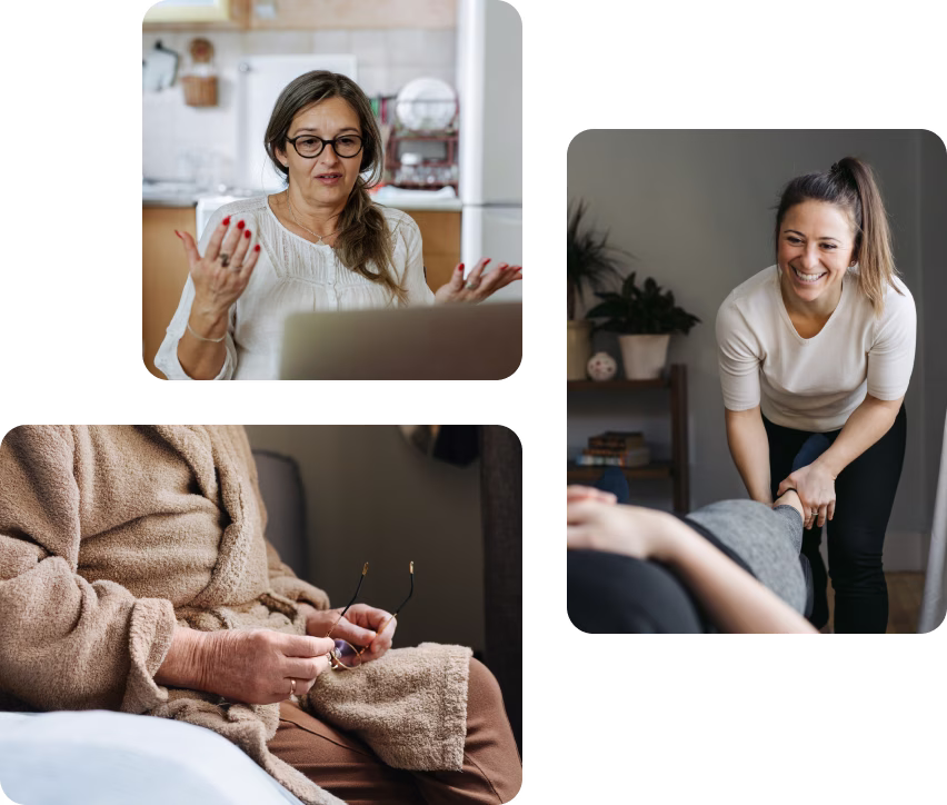 Collage: woman video calling, therapist doing leg therapy, elderly person in bathrobe holding glasses.