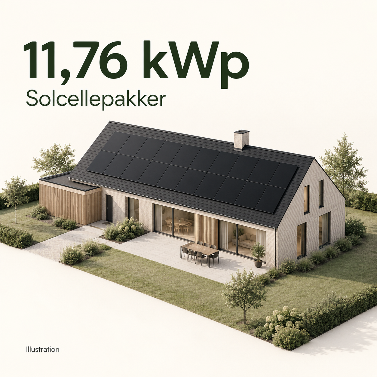 Illustration af bolig med solceller – solcellepakker 11,76 kWp. Vejledende udseende.