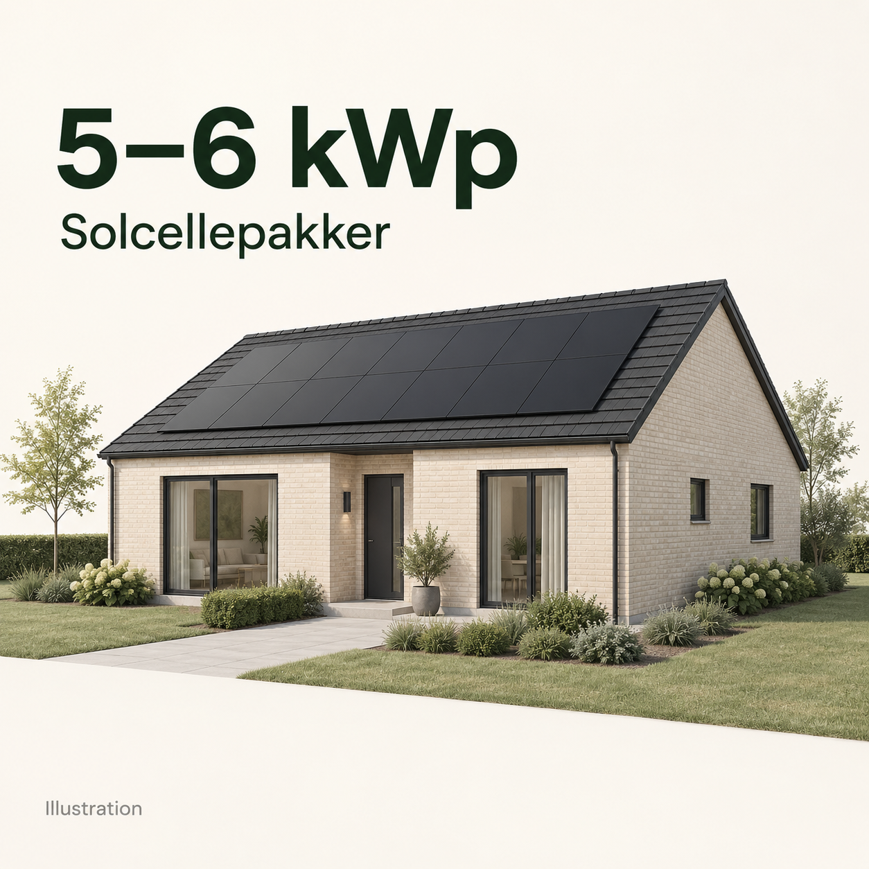 Illustration af bolig med solceller – solcellepakker 5–6 kWp. Vejledende udseende.