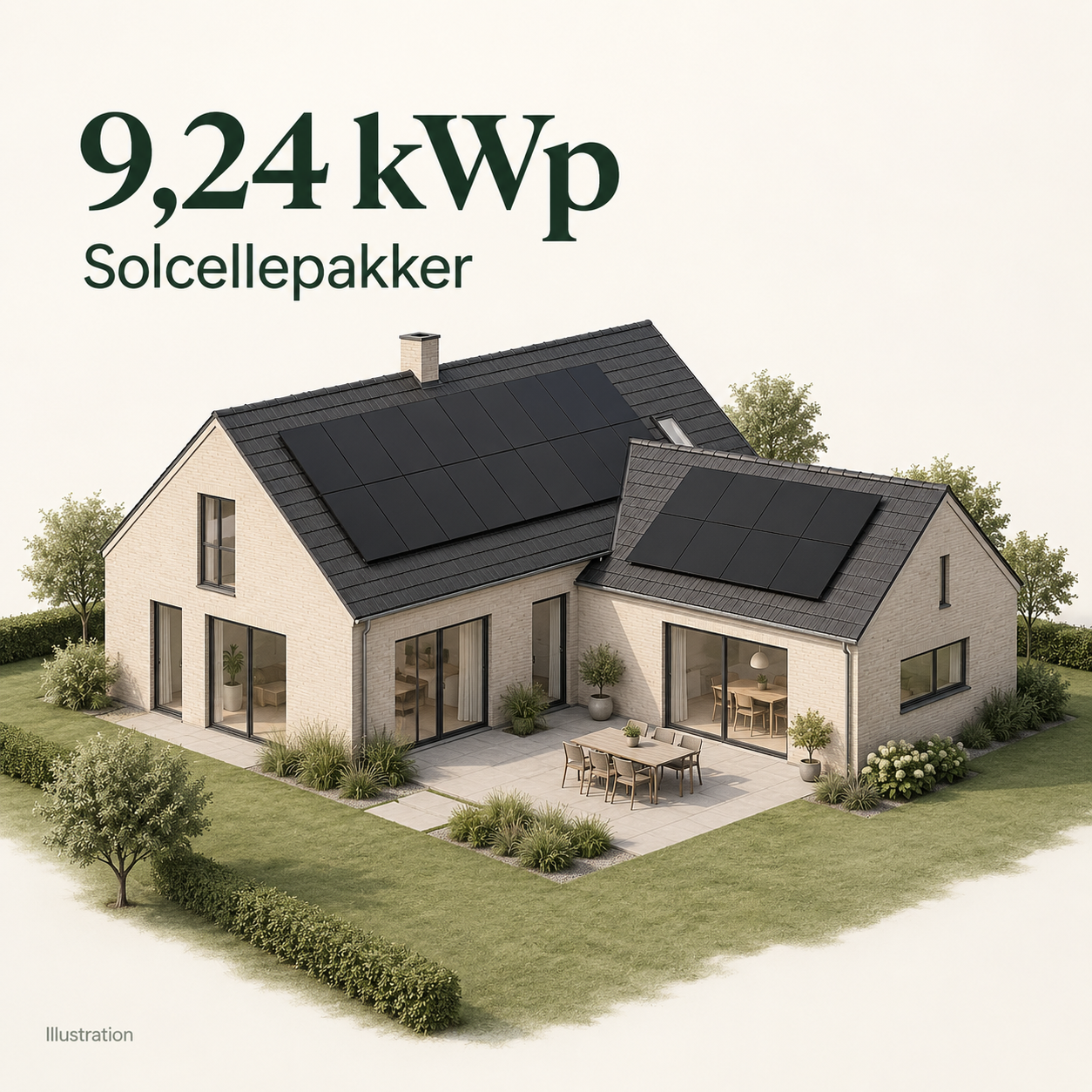Illustration af bolig med solceller – solcellepakker 9,24 kWp. Vejledende udseende.