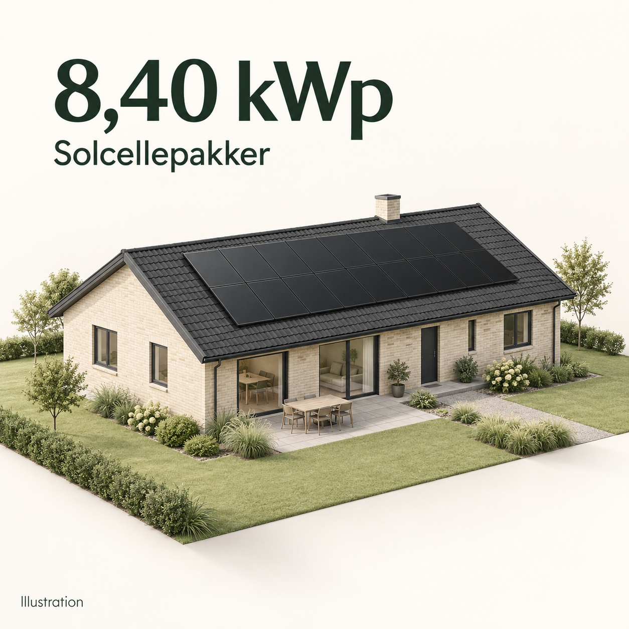 Illustration af bolig med solceller – solcellepakker 8,40 kWp. Vejledende udseende.
