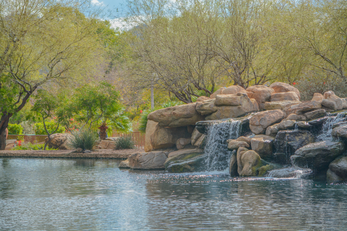 Water fall at Anthem in the Sonoran Desert, Maricopa County, Arizona USA stock image