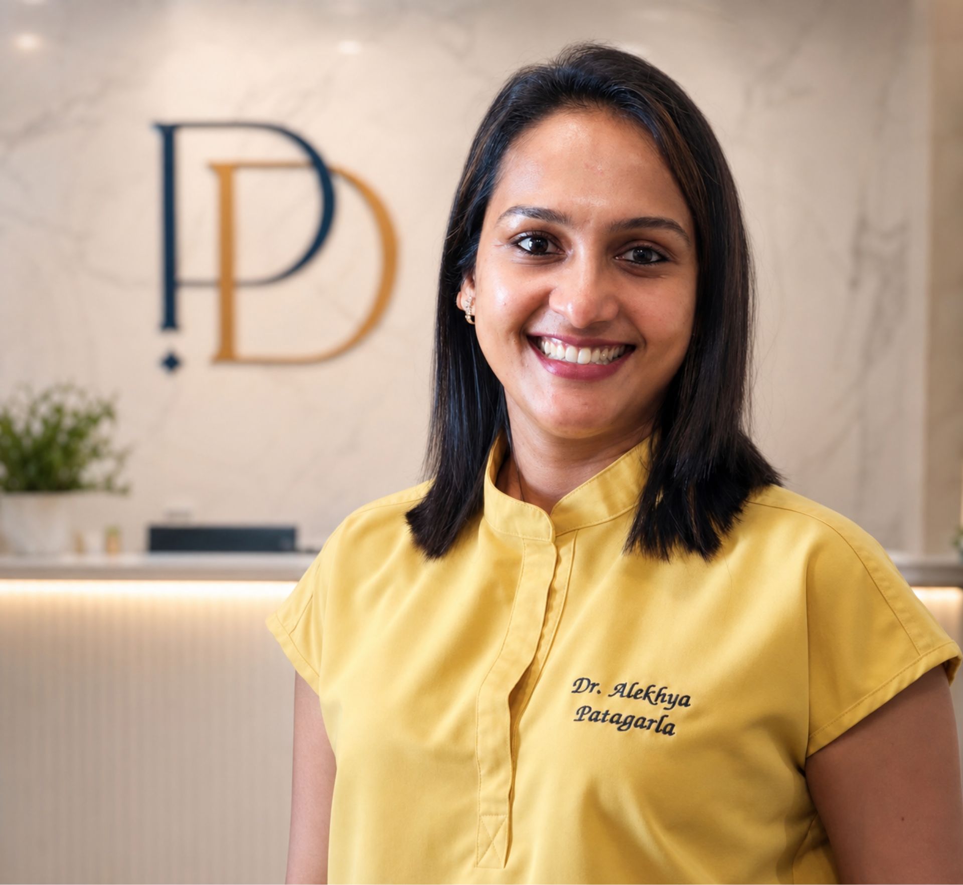Smiling woman wearing yellow shirt with Dr. Alekhya Patagarla embroidered on it in office reception.