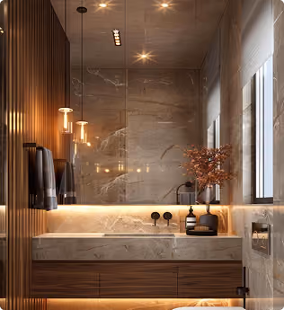 Modern bathroom with marble walls, wood vanity, glowing strip light, and decorative vase with branches.