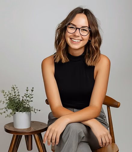 Smiling woman with glasses sitting on a chair next to a small table with a potted plant.