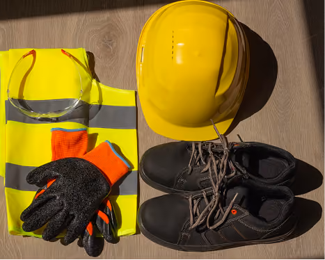Work safety gear including boots, hard hat, gloves, goggles, respirators, ear protection, walkie-talkie, and vest.