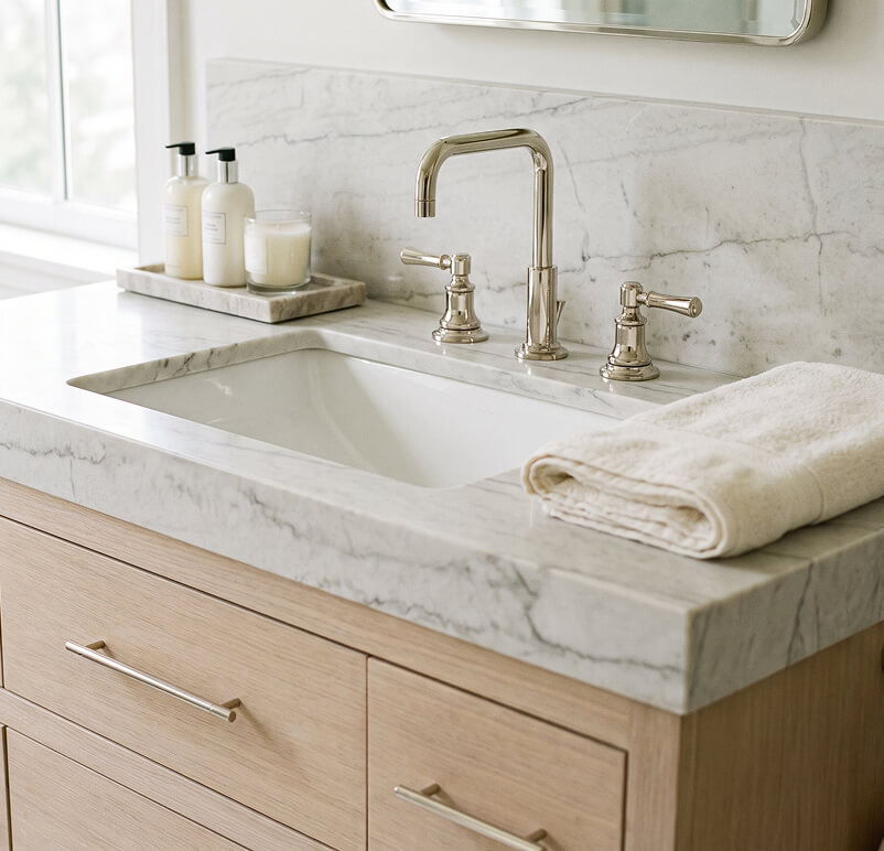 Modern bathroom with beige tiles, a white toilet, glass shower enclosure, and a sink with mirrors above it.