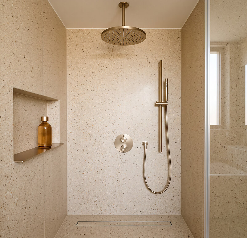 Modern bathroom with beige tiles, built-in bathtub, large window, sink, mirror, and shelves with towels.