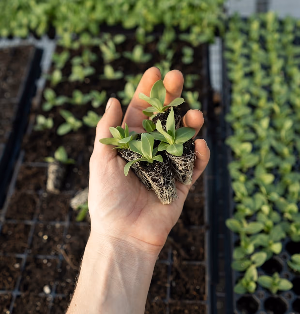 Hand holding three small green seedlings with visible roots over a tray filled with soil and more seedlings.